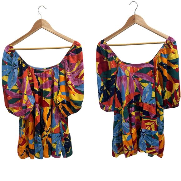 Terra & Sky Multicolor Tropical Leaf Tiered Peasant Blouse Resort Wear Dopamine - Picture 1 of 9